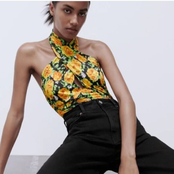 Zara NWT Women's Yellow Multi Floral Cross Twist Neck Halter Top Bodysuit Small - Picture 3 of 14